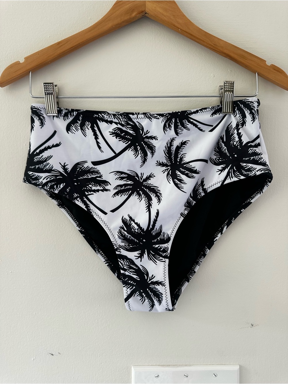 Black & White Palm-Print High-Waist Swim Bottoms